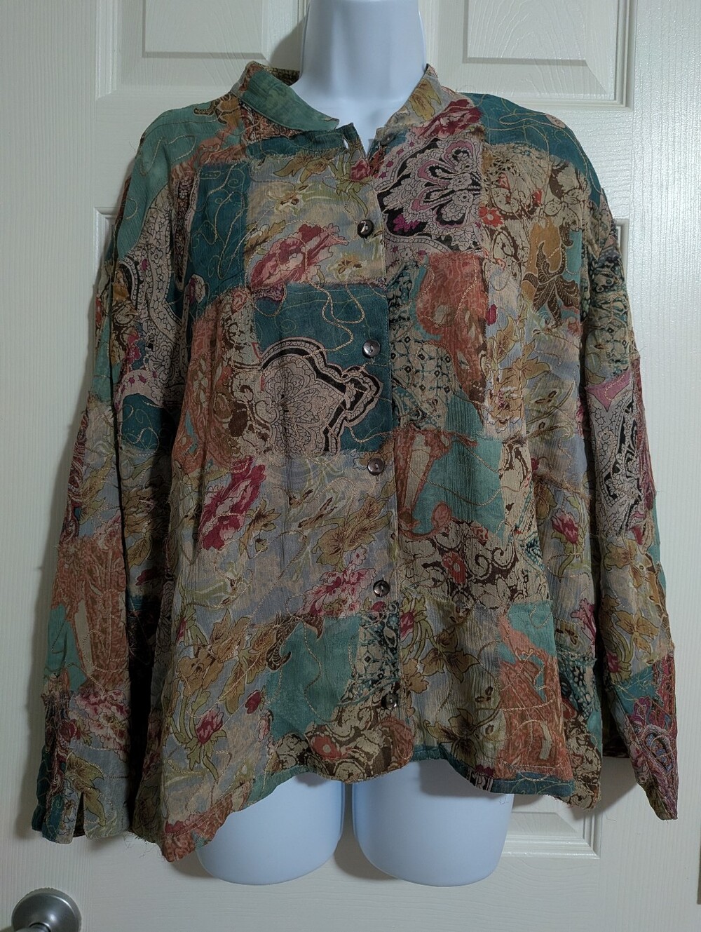 Chico’s Vintage 1990’s Silk Patchwork Button Up Textured Blouse